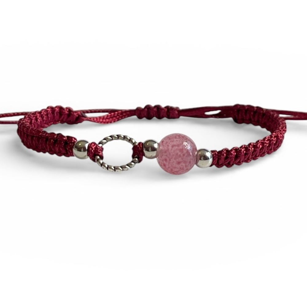 Pink Silver Bracelet Red Macrame Cord Beaded Bohemian Minimalist Jewelry